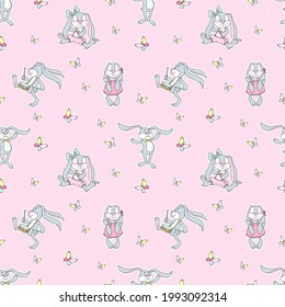 Seamless pattern of cute funny toy rabbits or bunnies. Vector cute pattern for children on a pink background.