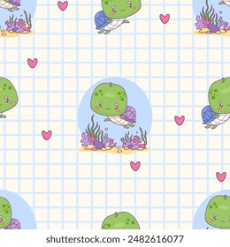 Seamless pattern with cute funny turtle on white checkered background. Underwater world with cartoon kawaii animal character. Vector illustration. Kids collection