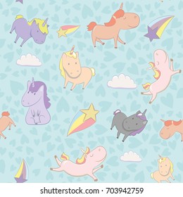 Seamless pattern cute funny unicorns, hearts, stars, clouds on a blue background. Magic horse in cartoon style. Vector illustration.