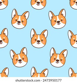 Seamless pattern with cute and funny welsh corgi dog faces. Endless repeatable backdrop with purebred puppy pet or domestic animal. Colorful vector illustration on blue background