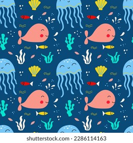 Seamless pattern with cute funny whale, jellyfish, fishes  and seaweed on a blue background. Vector graphic perfect for wallpaper, wrapping paper, for designing prints on textiles, clothes, pillows.