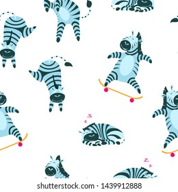 Seamless pattern with cute and funny zebras on white background. Cartoon animals for children fabric, baby goods and wrapping paper. Flat vector illustration.