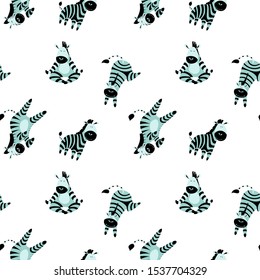 Seamless pattern with cute and funny zebras in trendy scandinavian colors. Flat vector illustration.
