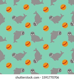 Seamless pattern with cute fur seal and ball. Vector illustration.