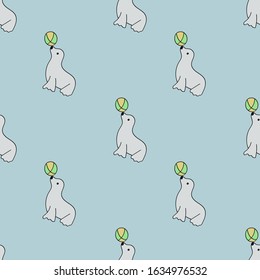 Seamless pattern with cute fur seal and ball. Vector illustration.