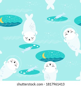 Seamless pattern with cute fur seals.Ice hole with fishes and waves.Walrus cosmonaut or sea calf in space around stars.Arctic theme print in kawaii style for fabric,childish clothes or phone case