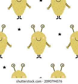 Seamless pattern with cute furry monster. Vector illustration for printing on wrapping paper, fabric, kid's clothing