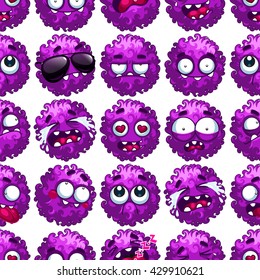 Seamless pattern with cute furry monsters.