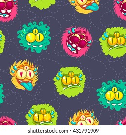 Seamless pattern with cute furry monsters. Vector characters.
