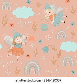 Seamless pattern with cute garden fairies and flowers on dusty pink background. Fairy digital background with vector hand drawn elements. Seamless pattern for kids fabric, textile and scrapbook paper.