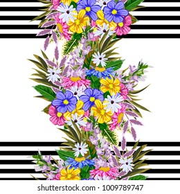 Seamless pattern with cute garden flowers on striped background. Flower background for textile, cover, wallpaper, gift packaging, printing.Romantic design for calico, silk.