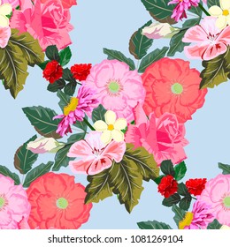 Seamless pattern with cute garden flowers. Flower background for textile, cover, wallpaper, gift packaging, printing.Romantic design for calico, silk.