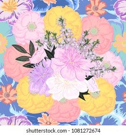 Seamless pattern with cute garden flowers. Flower background for textile, cover, wallpaper, gift packaging, printing.Romantic design for calico, silk. Pastel color.