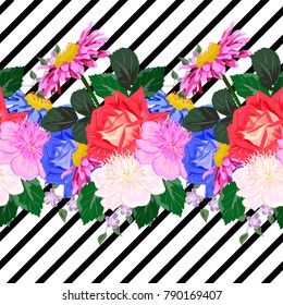 Seamless pattern with cute garden flowers on striped background. Flower background for textile, cover, wallpaper, gift packaging, printing.Romantic design for calico, silk.