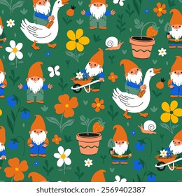 Seamless pattern with cute garden gnomes and flowers. Vector graphics