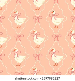 Seamless pattern with cute geese with a bow on a light background
