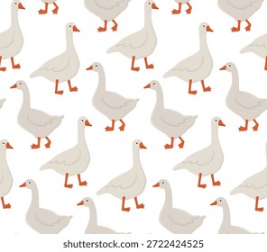 Patrón sin fisuras de gansos lindos. Fondo colorido con pájaros de granja adorables