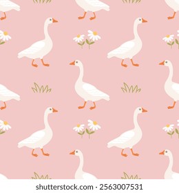 Seamless pattern with cute geese and daisies on a pink background. Background for children's clothing. Print