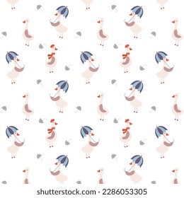 Seamless pattern with cute geese on a transparent background