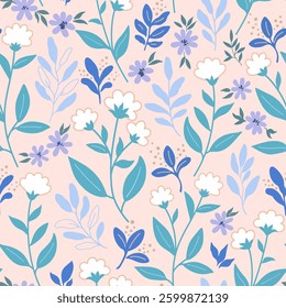 Seamless pattern with cute gentle doodle flowers. Feminine romantic print for scrapbooking and textile. Vector illustration