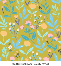 Seamless pattern with cute gentle doodle flowers. Feminine romantic print for scrapbooking and textile. Vector illustration