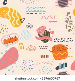 Seamless pattern with cute geomertic figure, dots, spots, line, grunge. Cartoon vector illustration.