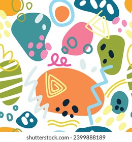 Seamless pattern with cute geomertic figure, dots, spots, line, grunge on white background. Cartoon vector illustration.