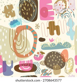 Seamless pattern with cute geomertic figure, dots, spots, line, grunge. Cartoon vector illustration.	
