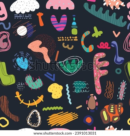 Seamless pattern with cute geomertic figure, dots, spots, line, grunge on black background. Cartoon vector illustration.