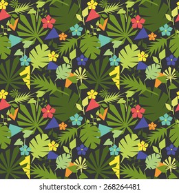 Seamless pattern with cute geometric leaves and flowers 