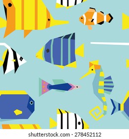 Seamless pattern with cute geometric tropical fishes 1