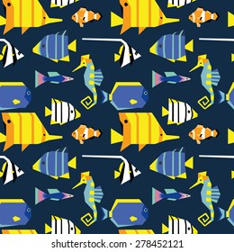 Seamless pattern with cute geometric tropical fishes 3