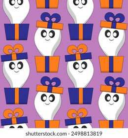 Seamless pattern with Cute Ghost in gift box