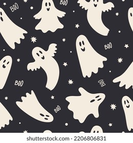 Seamless pattern of cute ghost for Halloween. Festive traditional black background. Flat cartoon vector illustration.