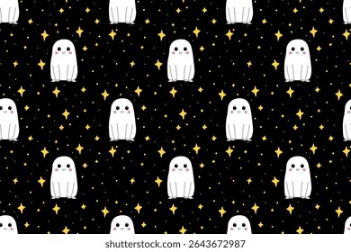 Seamless pattern of cute ghost and night starry sky. Cartoon character for Halloween. For backgrounds, wallpapers, textiles, packaging, or  website.