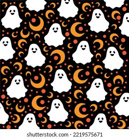 Seamless pattern with cute ghost on black background with crescent moon ornament for halloween night.