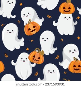 Seamless pattern of cute ghost and pumpkins