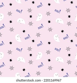 Seamless pattern with cute ghost, spider and spiderweb. Halloween seamless pattern in cartoon vector illustration. For textile, wrapping paper, packaging, children apparel.