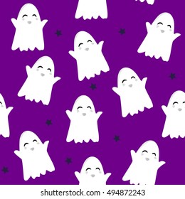 Seamless pattern with cute ghost and stars. Vector background.