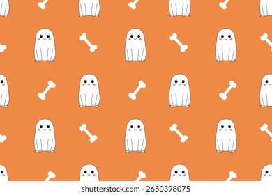 Seamless pattern of  cute ghost and  white bone. Cartoon character for Halloween. National holiday. For backgrounds, wallpapers, textiles, packaging, or websites.