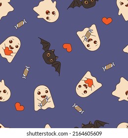 Seamless pattern with cute ghosts, bat. For your Halloween design. Symbols of a happy Halloween holiday. Vector illustration