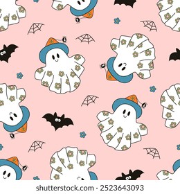 seamless pattern with cute cute ghosts and bat