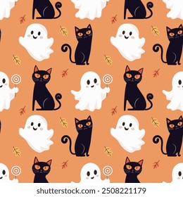 Seamless pattern of cute ghosts and black cats. Halloween holiday. Fabulous vintage background. Vector illustration. Can be used in web design, social media, printing, wallpaper