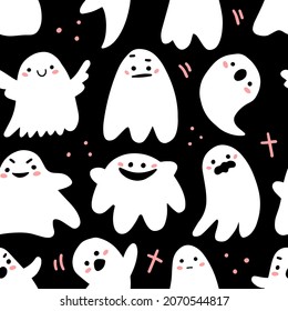 Seamless pattern with cute ghosts in cute cartoon doodle style on a black background. Vector illustration background for halloween.