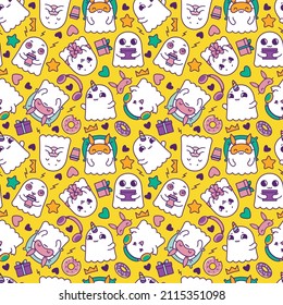 Seamless pattern with cute ghosts in cartoon style on yellow background