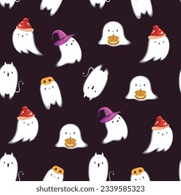 Seamless pattern with cute ghosts. Cartoon style. Halloween.
