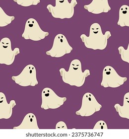 Seamless pattern with cute ghosts. Cartoon characters on purple background for Halloween design. Vector illustration
