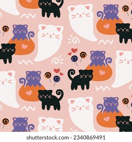 Seamless pattern and cute ghosts   cats in cute cartoon doodle style pink background  Vector illustration background for halloween 