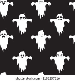 Seamless pattern of cute ghosts with different emotions. On a black background. Halloween. For clothes, bed linen, packing paper. 10 eps