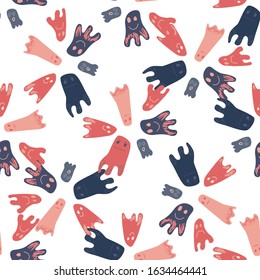 Seamless pattern with cute ghosts in doodle style. Vector illustration. Perfect for kids room decor, print and textile, wear